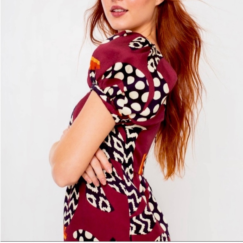 NEW FARM RIO Burgundy Dress Ethnic Bananas Puff Sleeve Mini Dress RARE PATTERN S - Picture 2 of 9